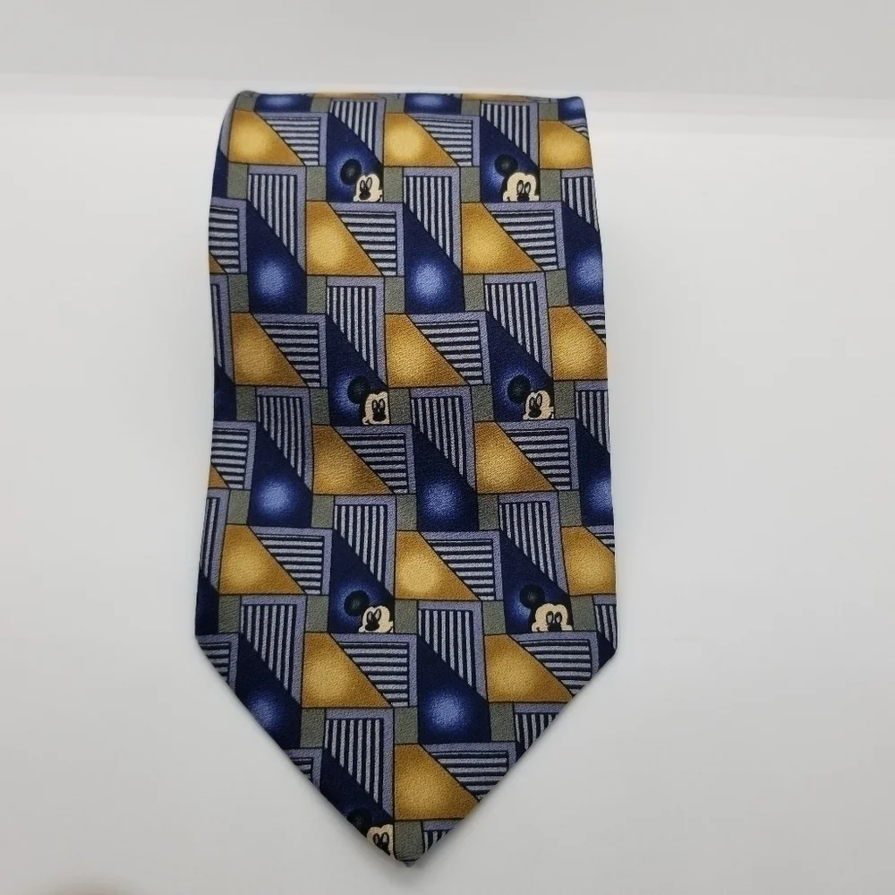 Walt Disney World blue tan gray Mickey Mouse geometric silk tie
